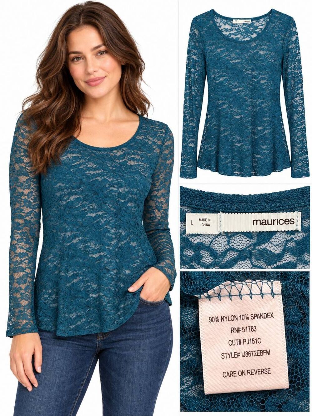 Maurices L Teal Lace Long Sleeve Sheer Stretch Top